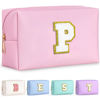 Picture of TOPEAST Preppy Pink Glitter Chenille Patch Travel Makeup Bag, 8.3in x 3.5in x 4.9in