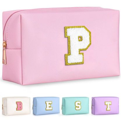 Picture of TOPEAST Preppy Pink Glitter Chenille Patch Travel Makeup Bag, 8.3in x 3.5in x 4.9in
