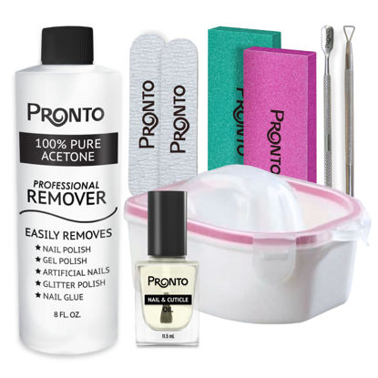 Picture of Pronto Gel Nail Polish Remover Kit - 8 Oz Pure Acetone 100 Percent, Nail File, Nail Polish Soak Off Bowl, Cuticle Oil for Nail Care + Manicure Set with Nail Buffer Block, Cuticle Pusher & Nail scraper