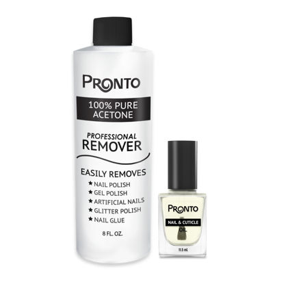 Picture of Pronto 8 Oz 100% Pure Acetone Nail Polish Remover and Cuticle Oil, Pure Acetone for All Nail Polish Types including Gel, Acrylic & Sculptured Nails, Gel Nail Polish Remover and Nail Repair, Duo Pack
