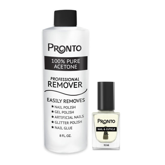 Picture of Pronto 8 Oz 100% Pure Acetone Nail Polish Remover and Cuticle Oil, Pure Acetone for All Nail Polish Types including Gel, Acrylic & Sculptured Nails, Gel Nail Polish Remover and Nail Repair, Duo Pack
