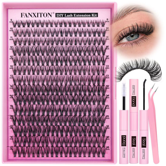 Picture of FANXITON DIY Lash Extension Kit 30D D Curl Individual Lashes Lash Clusters Kit Cluster Lashes Lash Bond and Seal and Lash Tweezers for Lash Clusters Kit DIY at Home