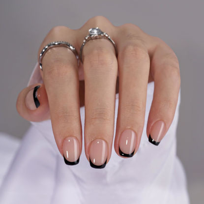 Picture of French Tip Press On Nails - BTArtbox Jelly Square Fake Nails with Nail Glue, Reusable Semi-Transparent Stick On Nails in 15 Sizes - 30PCS Soft Gel Glue On Nails Kit for Valentines Gift, Classic Black