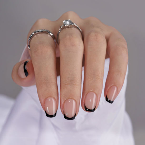Picture of French Tip Press On Nails - BTArtbox Jelly Square Fake Nails with Nail Glue, Reusable Semi-Transparent Stick On Nails in 15 Sizes - 30PCS Soft Gel Glue On Nails Kit for Valentines Gift, Classic Black
