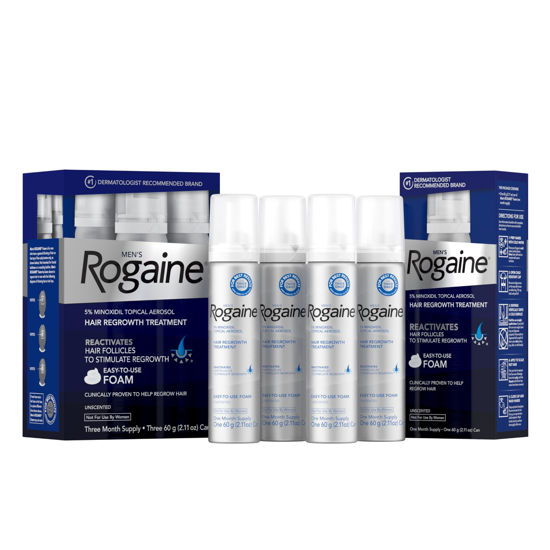 Picture of Men's Rogaine 5% Minoxidil Foam for Hair Regrowth, Topical Hair Loss Treatment to Regrow Fuller, Thicker Hair, Unscented, 4 Month Supply, 4 Cans