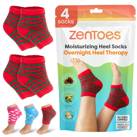Picture of ZenToes Moisturizing Sleep Socks with Vitamin E, Olive Oil and Jojoba Seed Oil to Soften and Hydrate Dry Cracked Heels (Holiday Stripes, Regular)