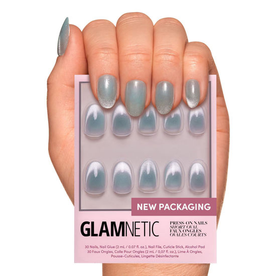 Picture of Glamnetic Press On Nails - Unicorn Tears | Short Oval, Misty-Grey Nails with a Mesmerizing Metallic Finish | 15 Sizes - 30 Nail Kit with Glue