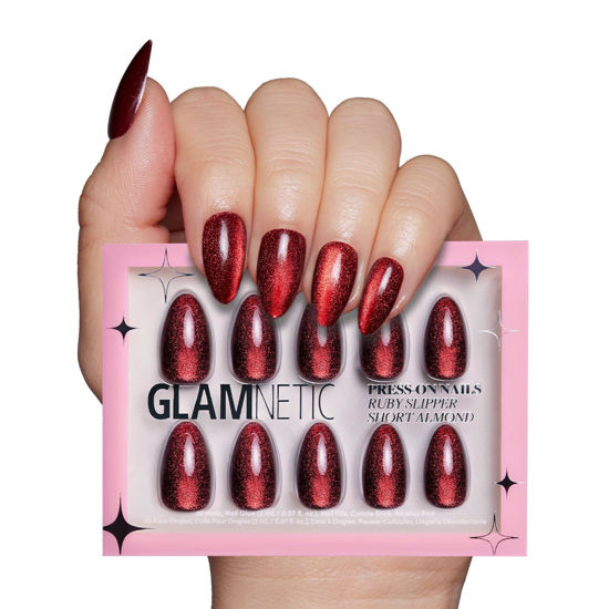Picture of Glamnetic Press On Nails - Ruby Slipper | Deep Red Sparkly Short Almond Fake Nails with a Velvet Finish, Reusable | 15 Sizes - 30 Nail Kit with Glue