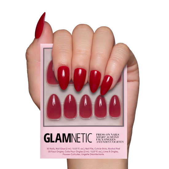 Picture of Glamnetic Press On Nails - Classic Red | Opaque Cool Tone, Timeless Red Short Almond False Nails, Reusable Stick On Fake Nails with Glue | Salon Quality | 15 Sizes - 30 Nail Kit