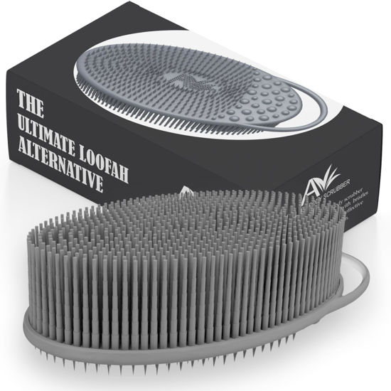 Picture of Avilana Silicone Exfoliating Body Scrubber - Dual-Sided Silicone Loofah for Shower, Body Scrubber for Men & Women, Gentle Loofa Alternative, Easy-to-Clean Silicone Body Scrubber (S2-Gray)