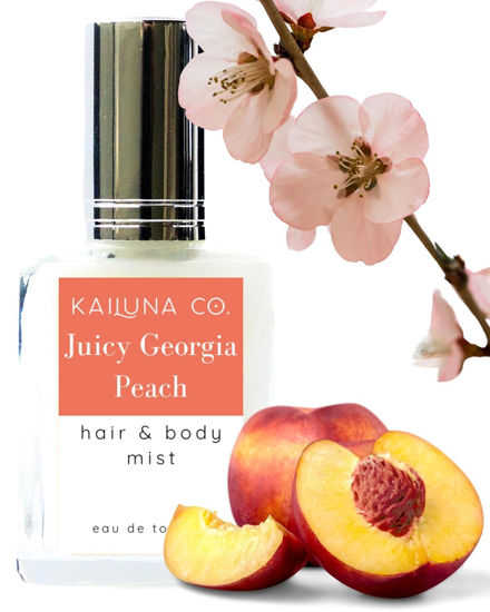 Picture of Juicy Georgia Peach Natural Hair & Body Mist Spray, Pure Essential and Fragrance Oils, Alcohol-Free, Handmade in California, 0.5Fl Oz