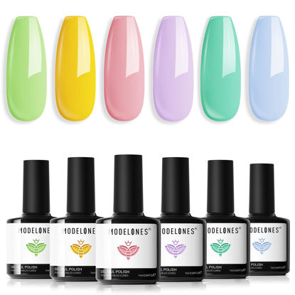 Picture of modelones Spring Gel Nail Polish Set, 6 Colors Pastel Yellow Green Pink Purple Blue Shades Pale Macaron Light Colors Valentines Day Nail Art Gel Design for Women Girl Nail Lovers Gift Salon DIY