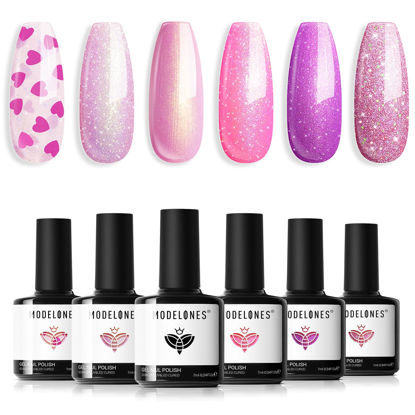 Picture of Modelones Gel Nail Polish Set 6 Colors Pink Gel Polish Glitter Hot Pink Purple Shades Mermaid Pink Love-heart Glitter Gel Polish Shimmer Soak Off LED Spring Valentines Nail Art DIY Gift For Women Girl