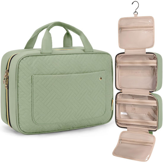 Picture of BAGSMART Toiletry Bag Travel Bag with Hanging Hook, Water-resistant Makeup Cosmetic Bag Travel Organizer for Accessories, Shampoo, Full-size Container, Toiletries (Green, Large)