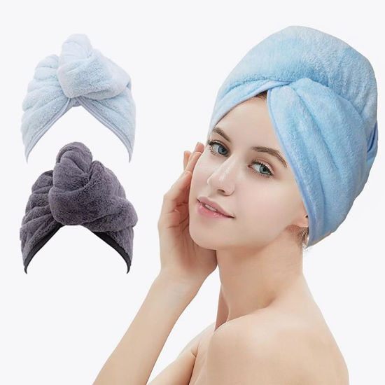 Picture of M-bestl 2 Pack Hair Drying Towels, Hair Towel Wrap,Absorbent Microfiber Hair Towel Turban with Button Design to Dry Hair More Quicker(Dark Gray& Blue)