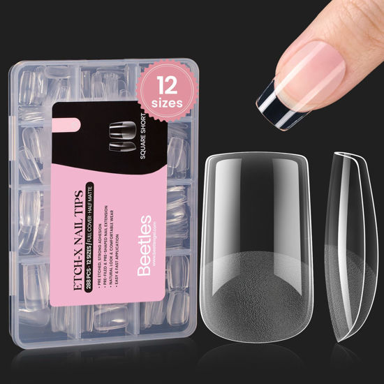 Picture of Beetles Short Square Gel Nail Tips 12 Sizes 288 PCS Half Matte Full Cover False Nails Clear Acrylic Nails Glue on Nails for Girls Women DIY Nail Extension