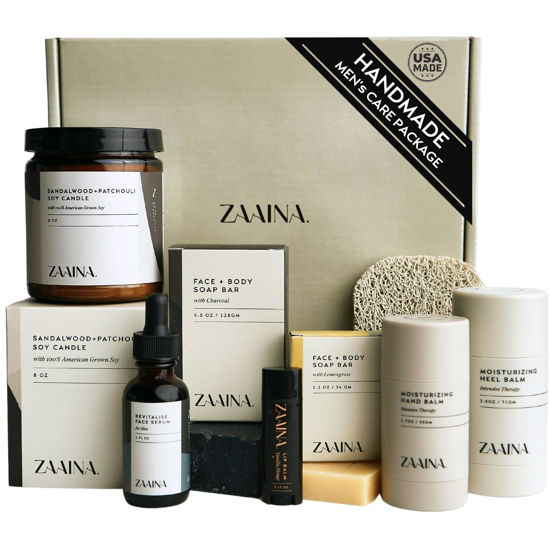 Picture of Men's Self Care Package, Relaxation Spa Gift Set for Him - Luxury Natural Handmade Men Skin Care Kit with Sandalwood Candle, Unique Self Care Gift for Men, Christmas Gifts for Men, Men's Skin Care Set by ZAAINA