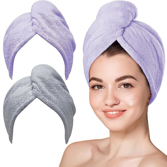 Picture of Hicober Microfiber Hair Towel, 2Packs Hair Turbans for Wet Hair, Drying Hair Wrap Towels for Curly Hair Women Anti Frizz (Purple,Grey)