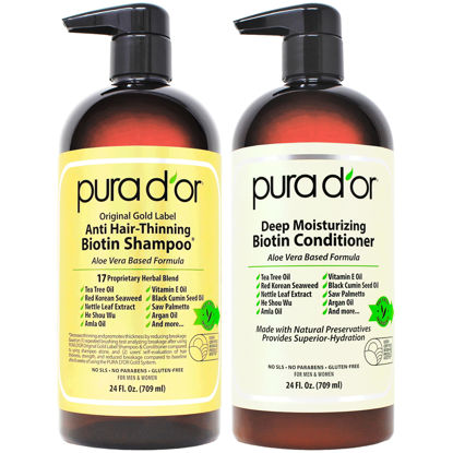 Picture of PURA D'OR Anti-Thinning Biotin Shampoo & Deep Moisturizing Conditioner Original Gold Label Set (24oz x2) Natural Earthy Scent, CLINICALLY TESTED Effective Results, DHT Blocker Thickening, Women & Men