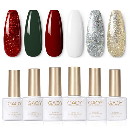 Picture of GAOY Red Christmas Gel Nail Polish Set, 6 Colors White Dark Green Glitter Sparkle Winter Soak Off UV Light Cure Gel Polish Kit for Salon and Nail Art DIY at Home