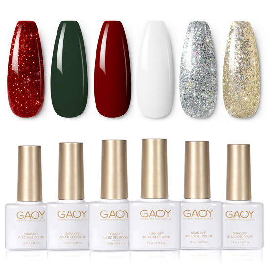 Picture of GAOY Red Christmas Gel Nail Polish Set, 6 Colors White Dark Green Glitter Sparkle Winter Soak Off UV Light Cure Gel Polish Kit for Salon and Nail Art DIY at Home