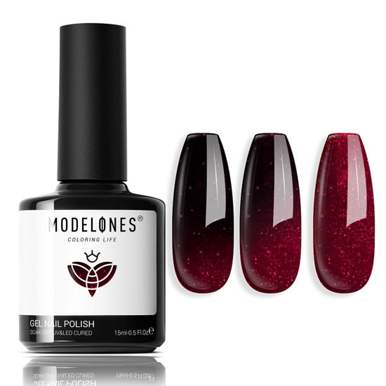 Picture of Modelones Color Changing Burgundy Red Gel Nail Polish, 15 ML Black Red Mood Temperature Change Nail Polish Gel Soak Off Christmas Nail Art DIY Salon Manicure Holiday Gift for Girls Women