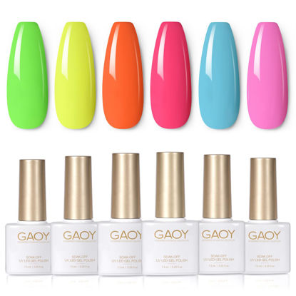 Picture of GAOY Neon Green Pink Gel Nail Polish Set, 6 Colors Glow in Dark Blue Orange Yellow Soak Off UV Light Cure Gel Polish Kit for Salon and Nail Art DIY at Home