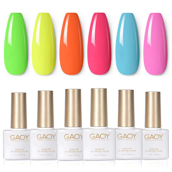 Picture of GAOY Neon Green Pink Gel Nail Polish Set, 6 Colors Glow in Dark Blue Orange Yellow Soak Off UV Light Cure Gel Polish Kit for Salon and Nail Art DIY at Home