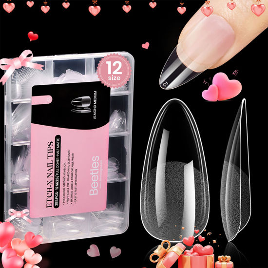 Picture of Beetles Gel Nail Tips Medium Almond Etch X Nail Tips, 12 Sizes 288 PCS Half Matte Full Cover Gel Nail Tips False Nails Clear Acrylic Nails Glue on Nails Valentine's Day Gift for Women