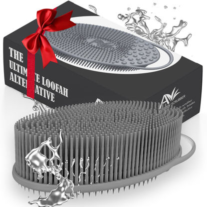 Picture of Avilana Silicone Exfoliating Body Scrubber - Dual-Sided Silicone Loofah for Shower, Body Scrubber for Men & Women, Gentle Loofa Alternative, Easy-to-Clean Silicone Body Scrubber (S2-Gray with Silver)