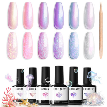Picture of modelones Gel Nail Polish, 6 Colors Shimmer Pearl White Pink Purple Mermaid Nail Drawing Glitter Gel Polish with Dotting Pen Soak Off Led Nail Gel Polish Swirl Shell Thread Effect DIY Mani Gift