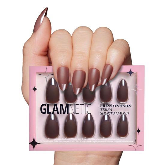 Picture of Glamnetic Press On Nails - Terra | Short Almond Dark Brown Nails with Glossy French Tips in a Matte Finish | 15 Sizes - 30 Nail Kit with Glue