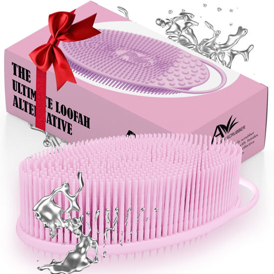 Picture of Avilana Silicone Exfoliating Body Scrubber - Dual-Sided Silicone Loofah for Shower, Body Scrubber for Men & Women, Gentle Loofa Alternative, Easy-to-Clean Silicone Body Scrubber (S2-Pink with Silver)