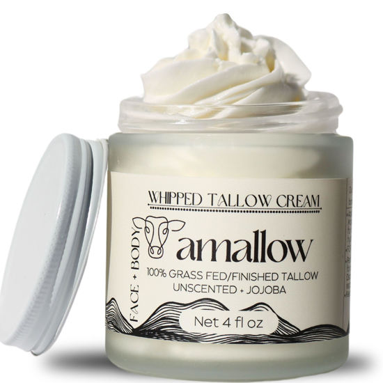 Picture of Amallow 100% Grass Fed Beef Tallow for Skin Care - Face + Body - Whipped Moisturizer for Sensitive Skin - Natural Lotion, 4 FL. oz. (Unscented + Jojoba Oil)