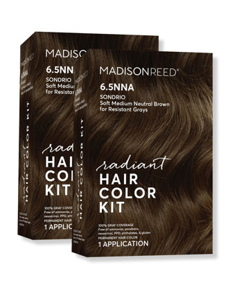 Picture of Madison Reed Radiant Hair Color Kit, Soft Medium Neutral Brown for 100% Coverage of Resistant Gray Hair, Ammonia-Free, 6.5NNA Sondrio Brown, Permanent Hair Dye, Pack of 2