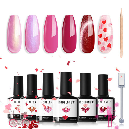 Picture of modelones Gel Nail Polish Set, 6 Colors Pitaya Hot Pink Gel Polish Mermaid Pink Red Love-heart Glitter Gel Polish Red Cat Eye Nail Gel Polish W Magnet & Pen Soak Off LED Valentines Nail Art DIY Gift