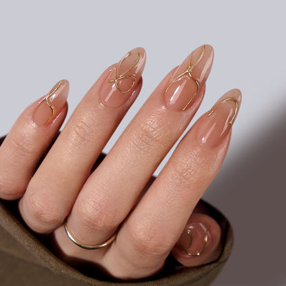Picture of BTArtbox Press On Nails Almond - Press On nails with 3D Gold Lines Design, Medium Glue On Nails with Nail Glue, Gold Swirl Stick On Nails in 15 Sizes, Radiant Ribbons