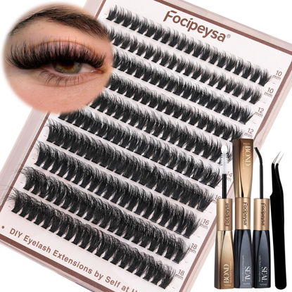 Picture of Focipeysa Fluffy Lash Clusters Kit D Curl Lashes Extensions Thick Volume Eyelash Clusters DIY Eyelash Extension with Lash Glue Lash Bond and Seal 10-16mm Fluffy Cluster Eyelash Extension DIY Lashes