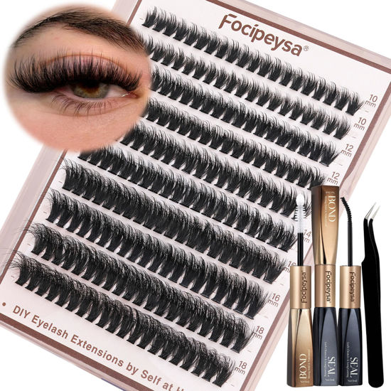 Picture of Focipeysa Fluffy Lash Clusters Kit D Curl Lashes Extensions Thick Volume Eyelash Clusters DIY Eyelash Extension with Lash Glue Lash Bond and Seal 10-16mm Fluffy Cluster Eyelash Extension DIY Lashes