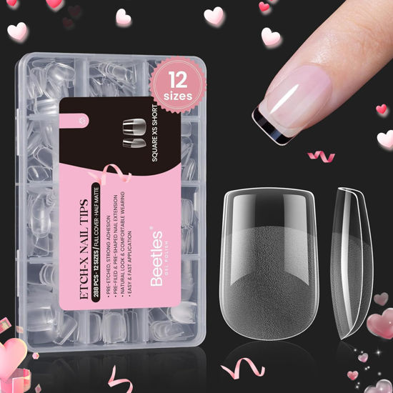 Picture of Beetles Gel Nail Tips Extra Short Square Nail Tips,288 pcs 12 Sizes Full Cover Nail Tips Half Matte Acrylic Nail Tips Square Fake Nails Nail Extensions Kit Valentine's Day Gift for Women