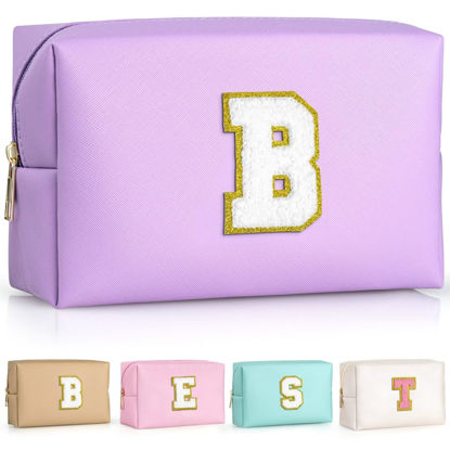Picture of TOPEAST Preppy Patch Makeup Bag, Chenille Letter Pouch Cosmetic Bag, PU Leather Waterproof Toiletry Bag, Personalized Birthday Gift for Women Girl, Cute Stuff for Girls (Purple B)