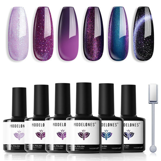 Picture of Modelones Gel Nail Polish Set, 6 Colors Purple-Red/Black/Blue Sparkle Chameleon Glitter Gel Polish Fall Winter Purple-Black Color Changing 9D Cat Eye Nail Gel polish W Magnet Soak Off LED Nail Art Gel
