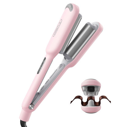 Picture of Curling Iron Hair Crimper Waver - TYMO ROVY Beach Waves Curling Wand, Ionic Deep Waver Hair Curler Tool with Ceramic 3 Barrel for Women, Dual Voltage, Anti-Scald, Easy to Use, Pink, 1 Inch