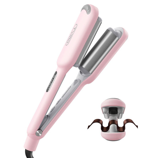 Picture of Curling Iron Hair Crimper Waver - TYMO ROVY Beach Waves Curling Wand, Ionic Deep Waver Hair Curler Tool with Ceramic 3 Barrel for Women, Dual Voltage, Anti-Scald, Easy to Use, Pink, 1 Inch