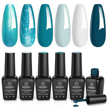 Picture of Beetles Blue Gel Nail Polish Set, 6 Colors Glitter Pearl Winter Gel Polish Mermaid Treasures Navy Blue Gel Polish Nail Art Design Soak off Uv Led Nail Lamp Nails Manicure