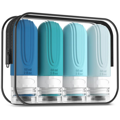 Picture of Mrsdry Travel Bottles for Toiletries, Tsa Approved 2oz Travel size Bottles, BPA Free Leak Proof Travel Toiletry Containers, Refillable Travel Accessories with Toiletry Bag for Shampoo Liquid (4 Pack)