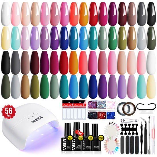 Picture of MEFA 56 Pcs Gel Nail Polish Kit with U V Light, 32 Colors Classic Popular Gel Nail Kit Soak Off Nail Polish Gel Set Nail Art Decorations Manicure Tools DIY Gifts for Women