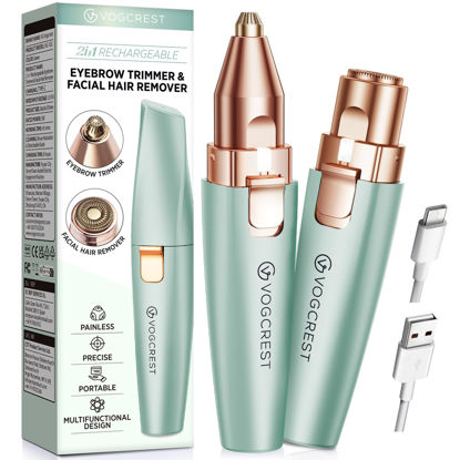 Picture of VG VOGCREST Eyebrow Facial Trimmer: 2 in1 Rechargeable Facial Hair Removal and Eyebrow Shaver - Face Lips Body Painless Facial Razor with Built-in LED Light (Pastel Green)