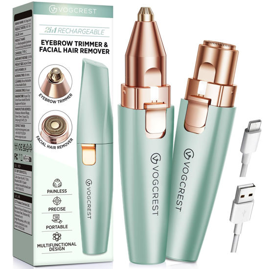 Picture of VG VOGCREST Eyebrow Facial Trimmer: 2 in1 Rechargeable Facial Hair Removal and Eyebrow Shaver - Face Lips Body Painless Facial Razor with Built-in LED Light (Pastel Green)