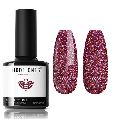 Picture of modelones Red Gel Nail Polish, 1 PCS 15ML Glitter Sparkly Shiny Silver Red Gel Polish Soak OFF LED Nail Art Christmas Gel Nail Manicure Salon DIY Nails Gift for Women